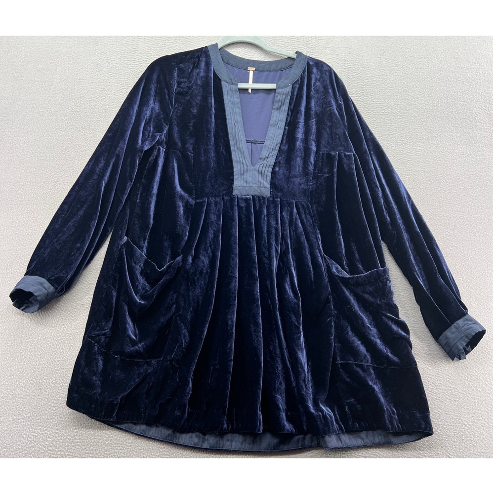 Free People Choose Me Velvet Mini Dress M Navy Blue Plunge V-Neck Babydoll Tunic